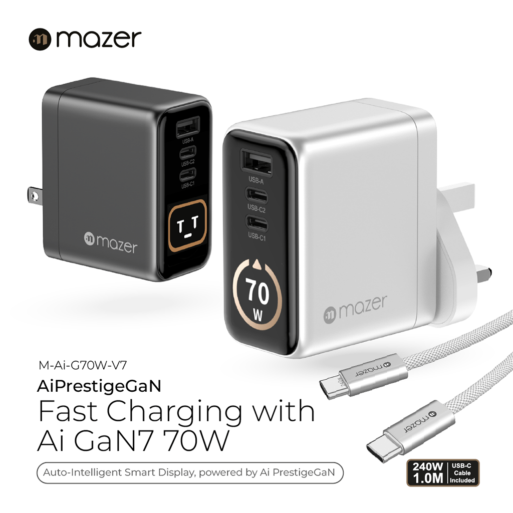 Bộ sạc kèm cáp PD70W MAZER Ai Prestige GaN