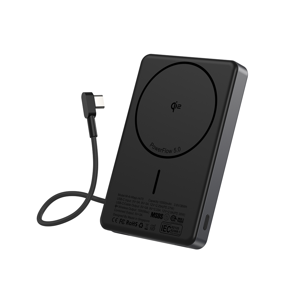 Pin sạc dự phòng không dây kèm cáp MAZER Ai Qi2 15W/PD30W 10.000 mAh MagLink70
