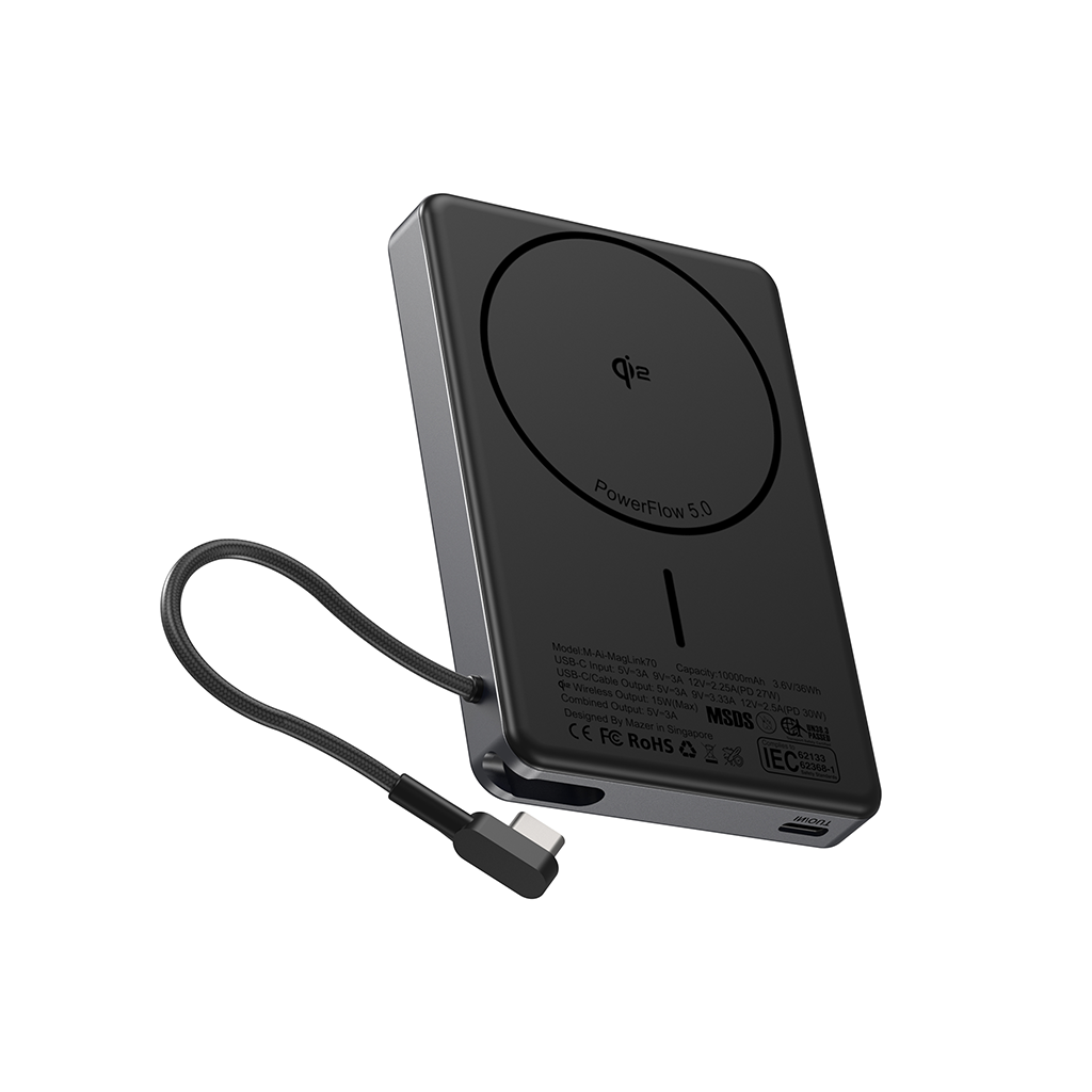 Pin sạc dự phòng không dây kèm cáp MAZER Ai Qi2 15W/PD30W 10.000 mAh MagLink70