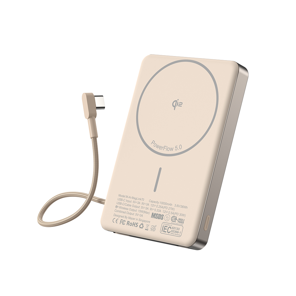 Pin sạc dự phòng không dây kèm cáp MAZER Ai Qi2 15W/PD30W 10.000 mAh MagLink70