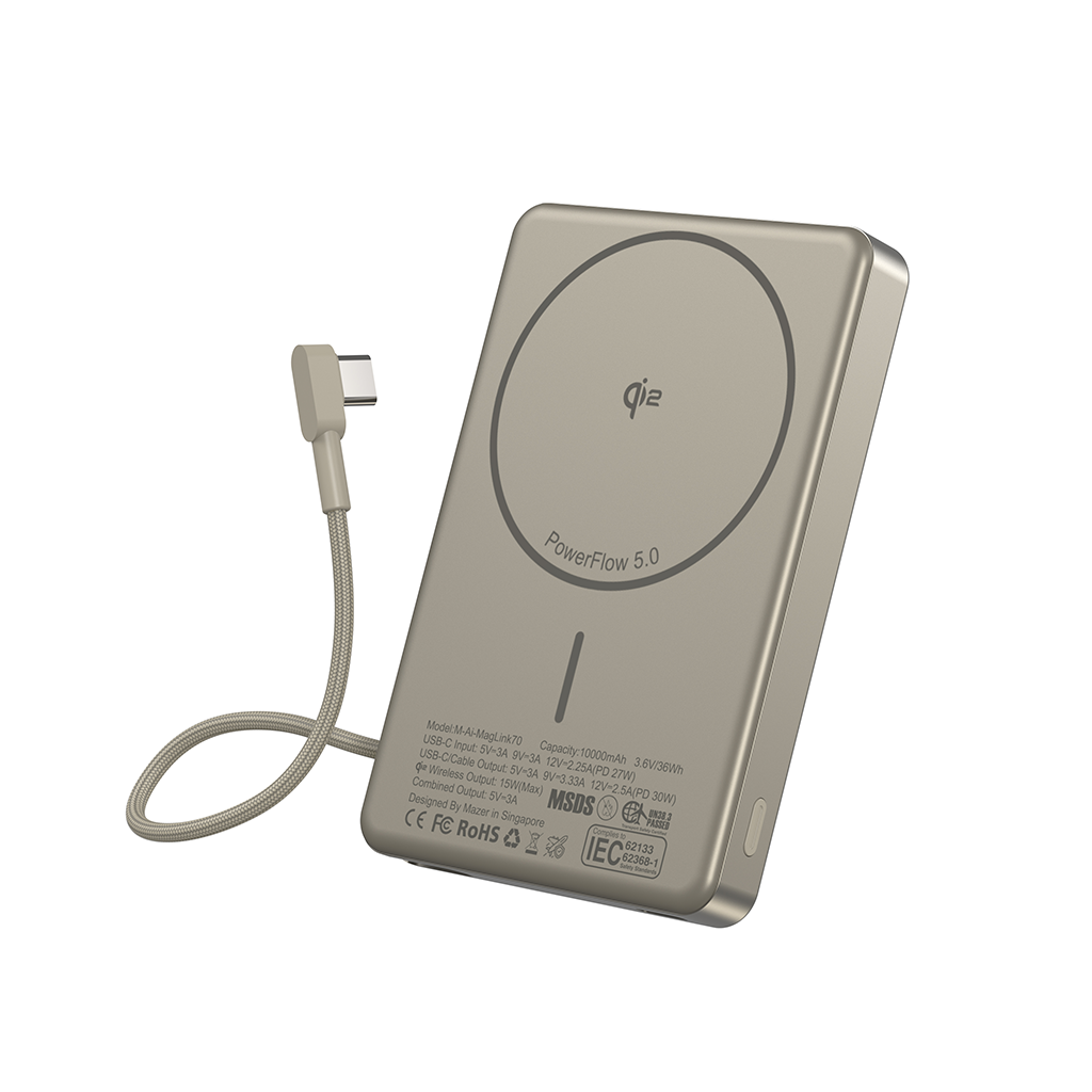 Pin sạc dự phòng không dây kèm cáp MAZER Ai Qi2 15W/PD30W 10.000 mAh MagLink70