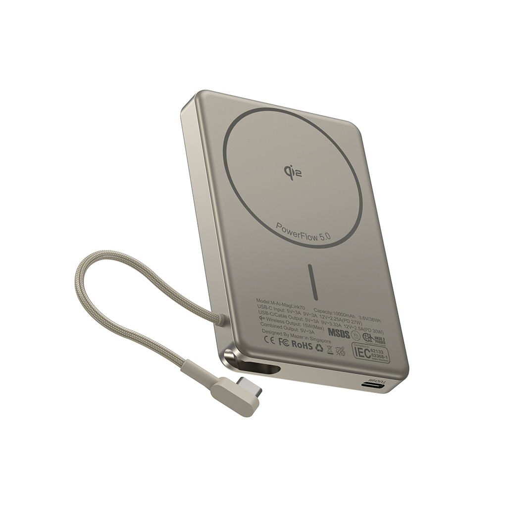 Pin sạc dự phòng không dây kèm cáp MAZER Ai Qi2 15W/PD30W 10.000 mAh MagLink70
